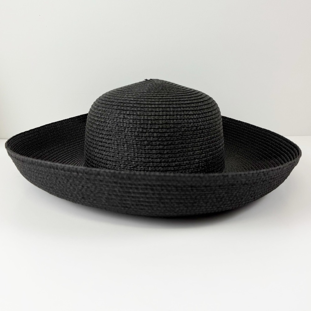 Wide Brim Straw Sun Hat Black Solid Beach - Picture 2 of 6